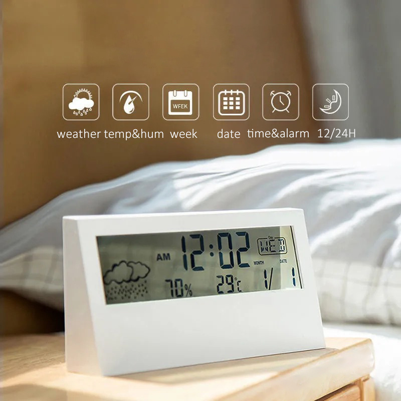 EMAF minimalist ins style time day week table alarm clock temperature hygrometer weather desk clock student digital alarm clock