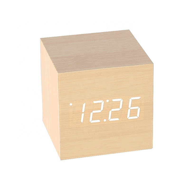 EMAF LED Cube travel portable wooden table digital alarm clock voice activated clock