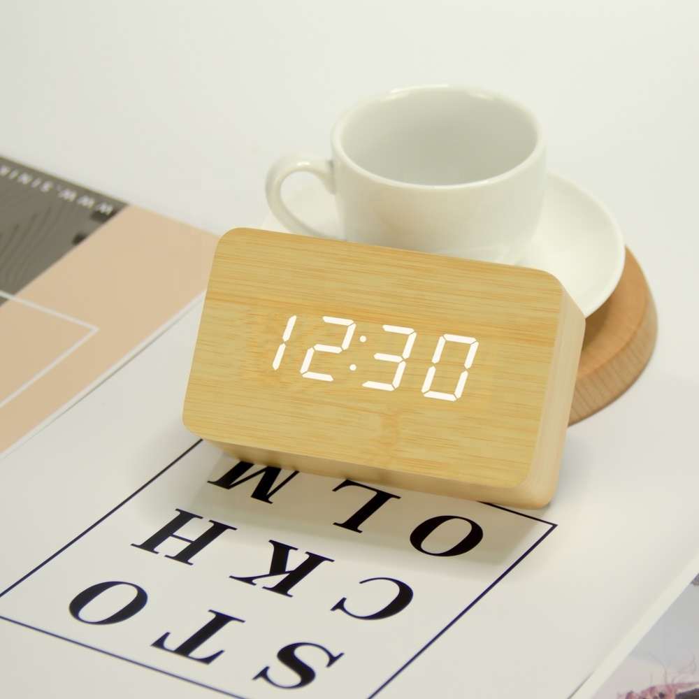 EMAF LED Cube travel portable wooden table digital alarm clock voice activated clock