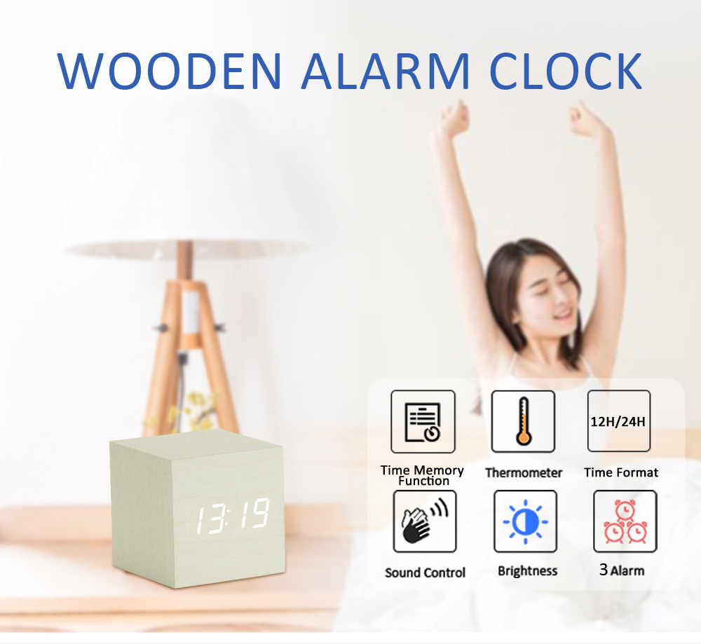 EMAF Cube desktop ins wooden led working day alarm clock time day temperature kids digital alarm clock with temperature