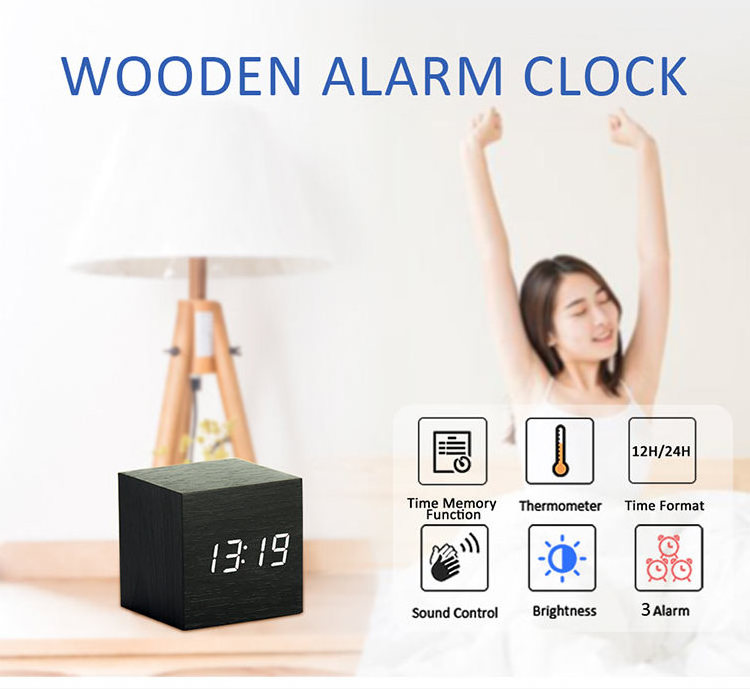 EMAF Cube desktop ins wooden led working day alarm clock time day temperature kids digital alarm clock with temperature