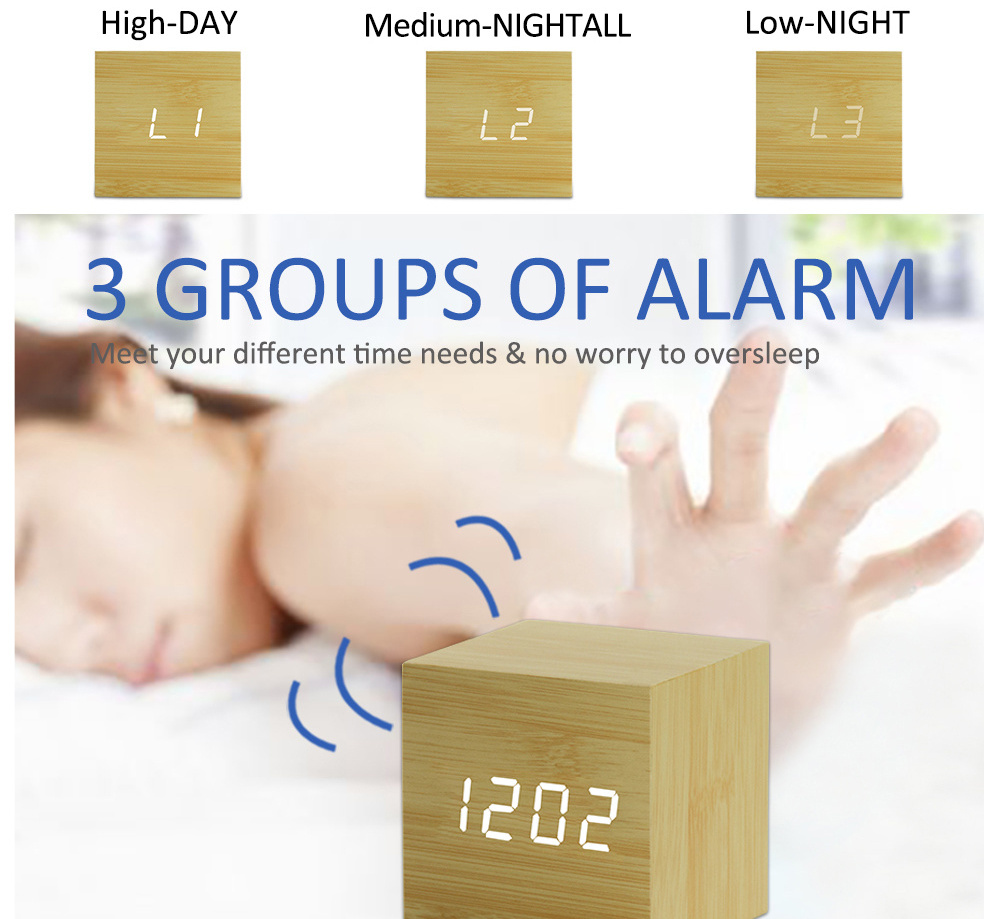 EMAF Cube desktop ins wooden led working day alarm clock time day temperature kids digital alarm clock with temperature