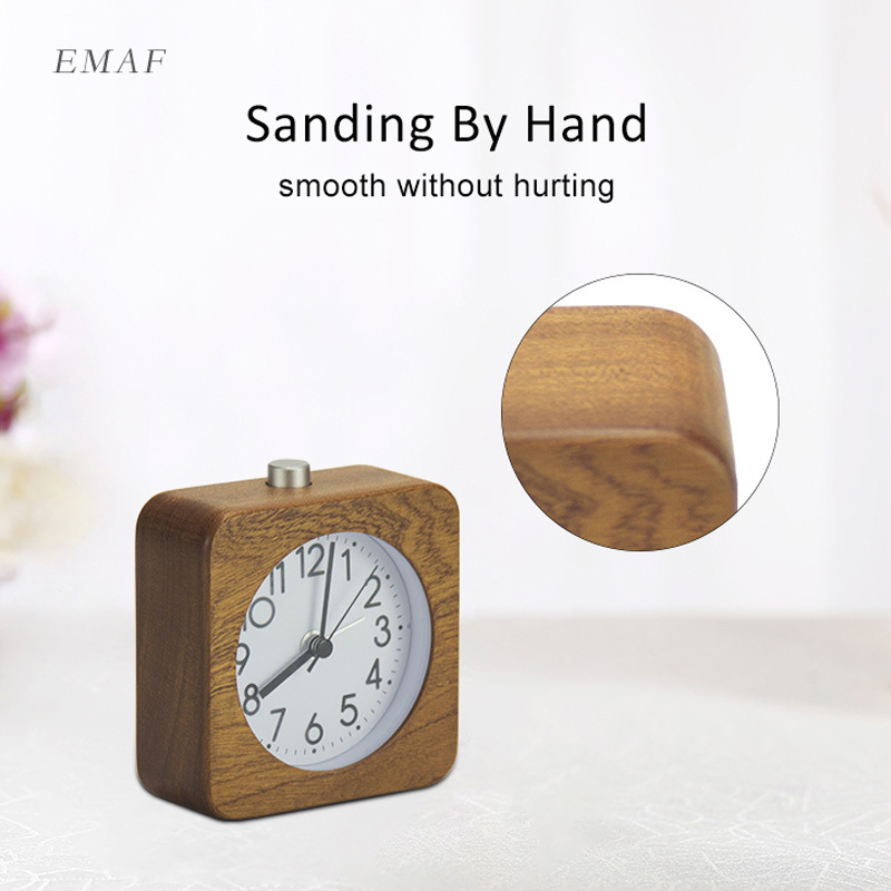 EMAF Quartz analog quiet slient sweep movement desk clock night light function bedside decoration natural wooden alarm clock