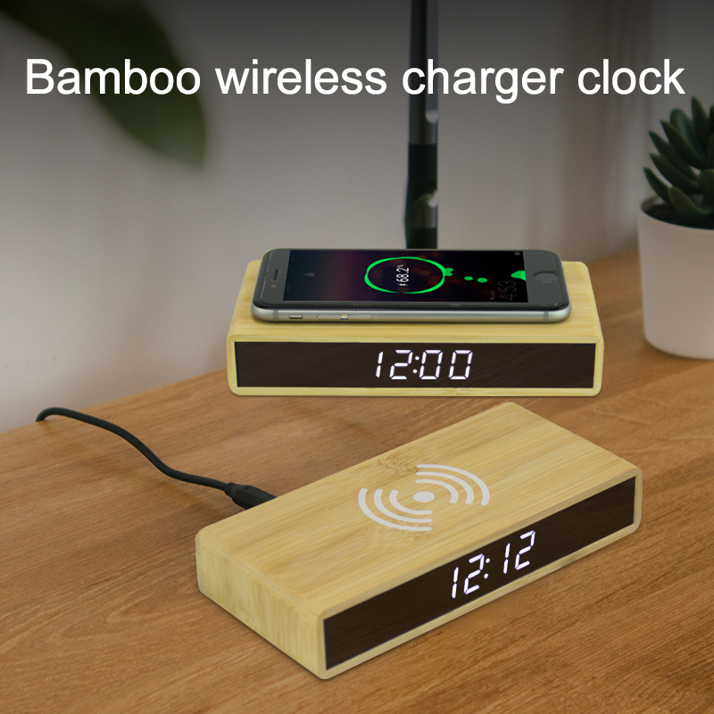 EMAF bamboo novelty mobile phone wireless charger wooden clock wood digital table alarm clock with faster wireless charging