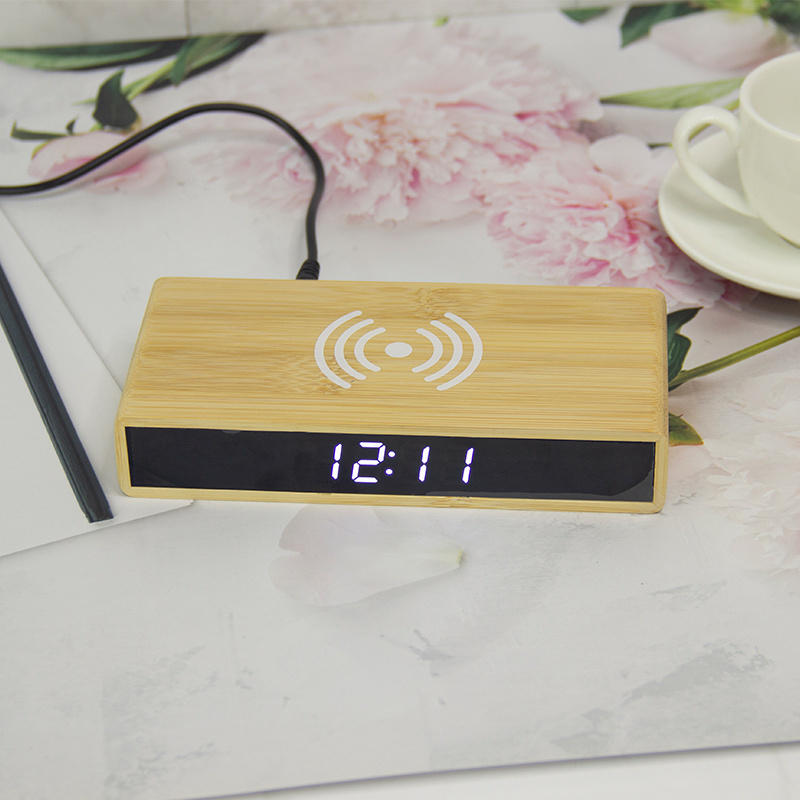 EMAF bamboo novelty mobile phone wireless charger wooden clock wood digital table alarm clock with faster wireless charging