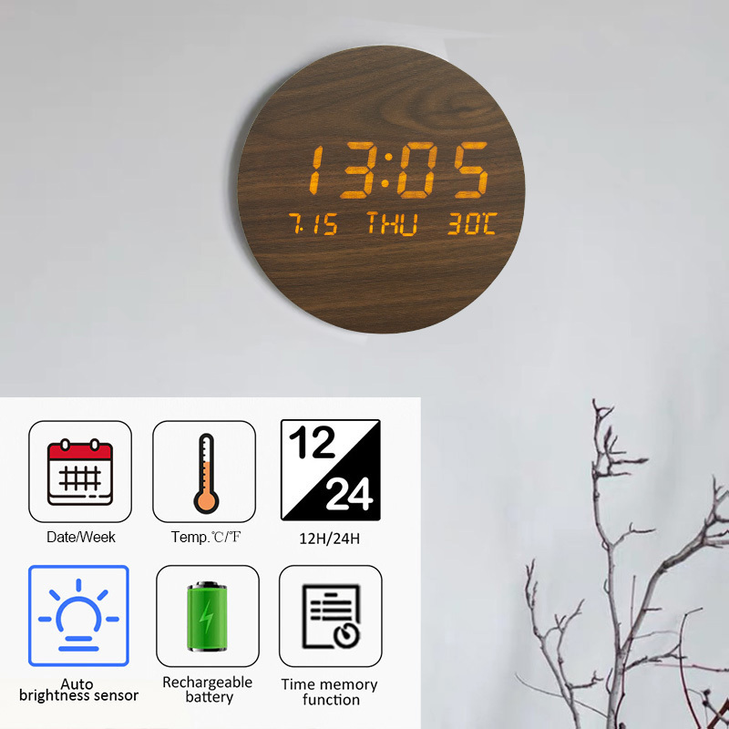 EMAF Korea style rechargeable battery wood wall clock 30 days working time calendar temperature wireless digital LED wall clock