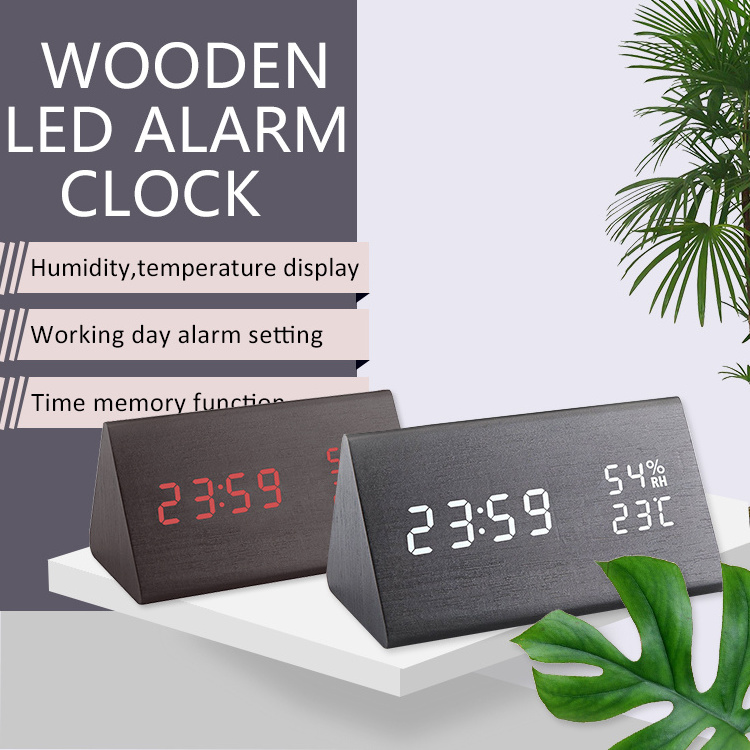 EMAF Cheap Home Decor Temperature Humidity Display Wooden Alarm Clock Desk Alarm Clock Wood Modern Timer Digital Clock