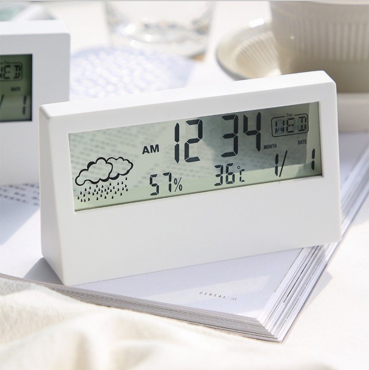 EMAF minimalist ins style time day week table alarm clock temperature hygrometer weather desk clock student digital alarm clock