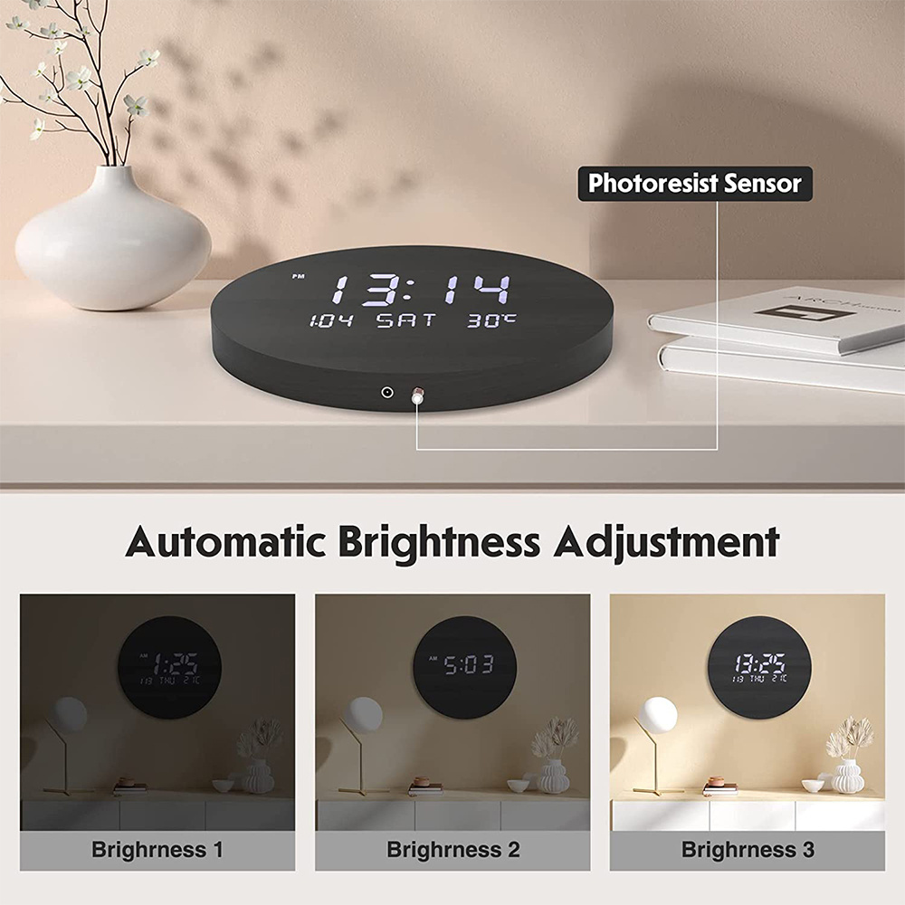 EMAF Korea style rechargeable battery wood wall clock 30 days working time calendar temperature wireless digital LED wall clock