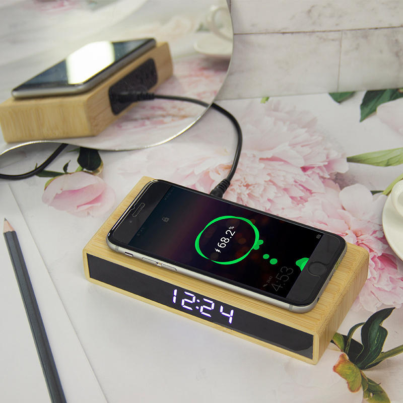 EMAF bamboo novelty mobile phone wireless charger wooden clock wood digital table alarm clock with faster wireless charging