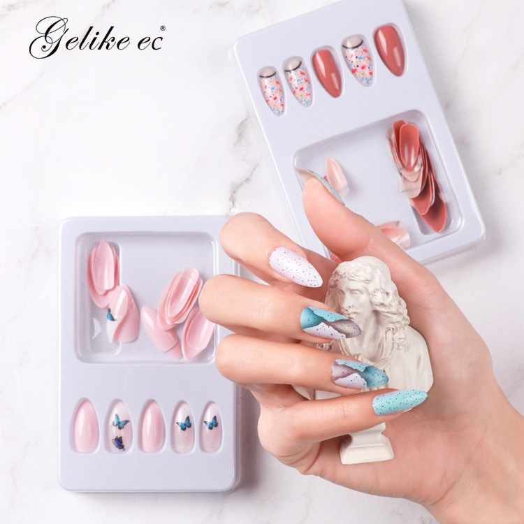 24pcs box packaging artificial finger toe nail tips glitter matte custom designed press on nails with glue for kids girls