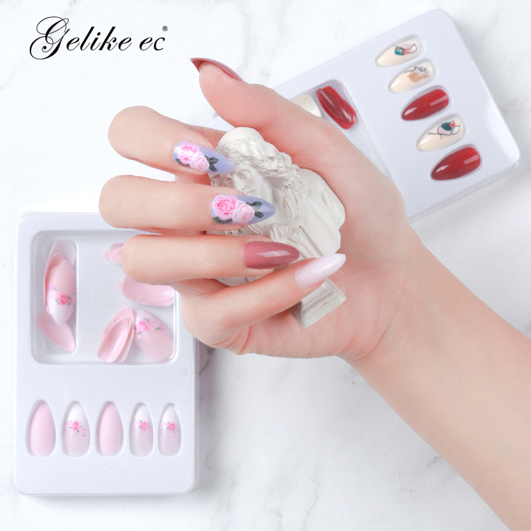 24pcs box packaging artificial finger toe nail tips glitter matte custom designed press on nails with glue for kids girls