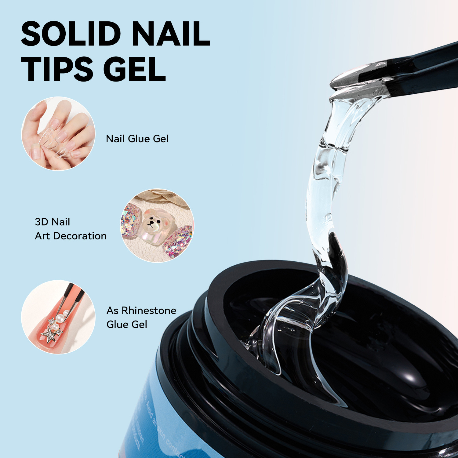 EC Newest Solid Gel Glue Transparent Soak Off UV Gel Glue for Press On Nail Tips