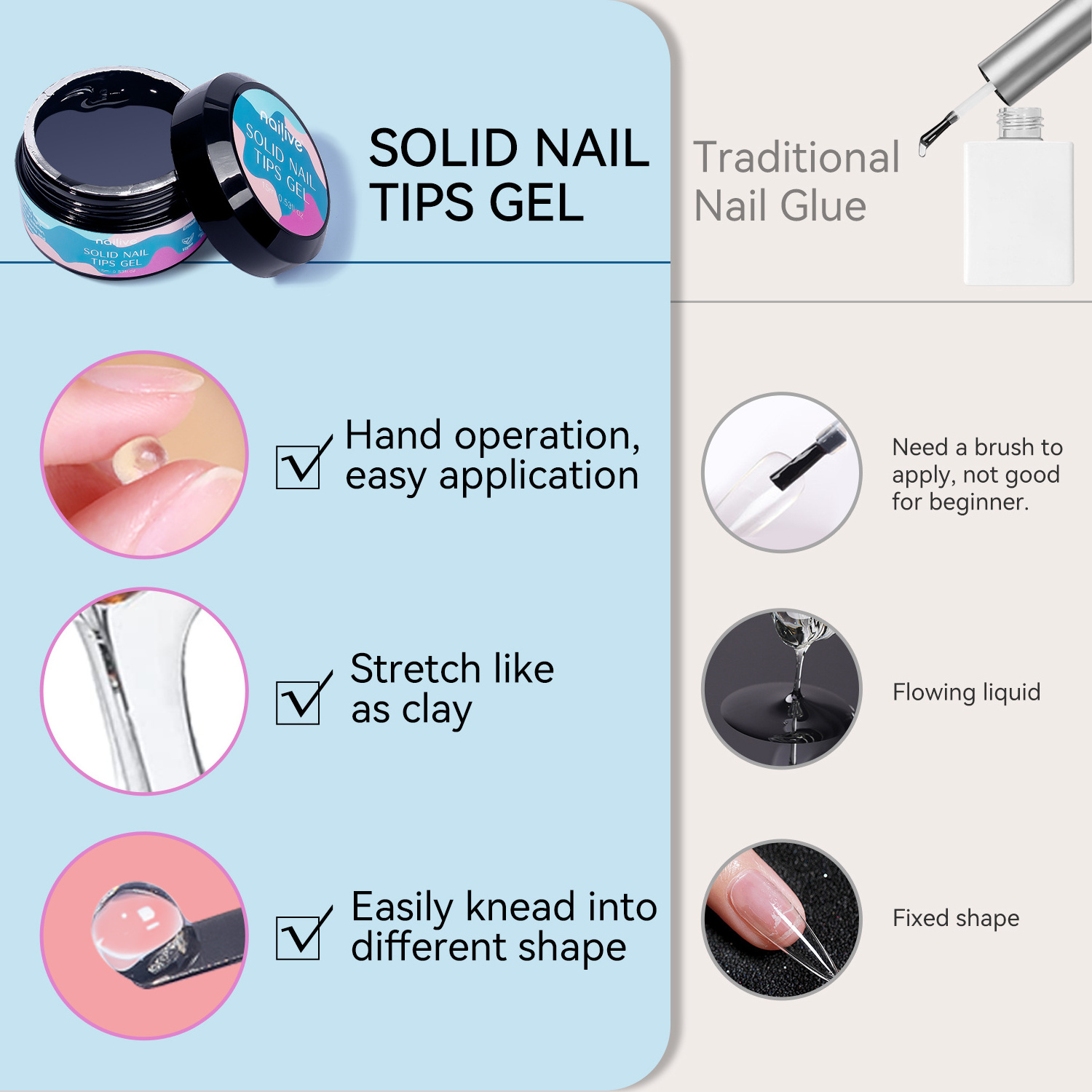 EC Newest Solid Gel Glue Transparent Soak Off UV Gel Glue for Press On Nail Tips