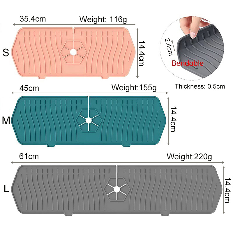 35/45/61cm Faucet Mat Sink Draining Water Catcher XL Silicone Bathroom Absorbent Mat Behind Faucet For Kitchen