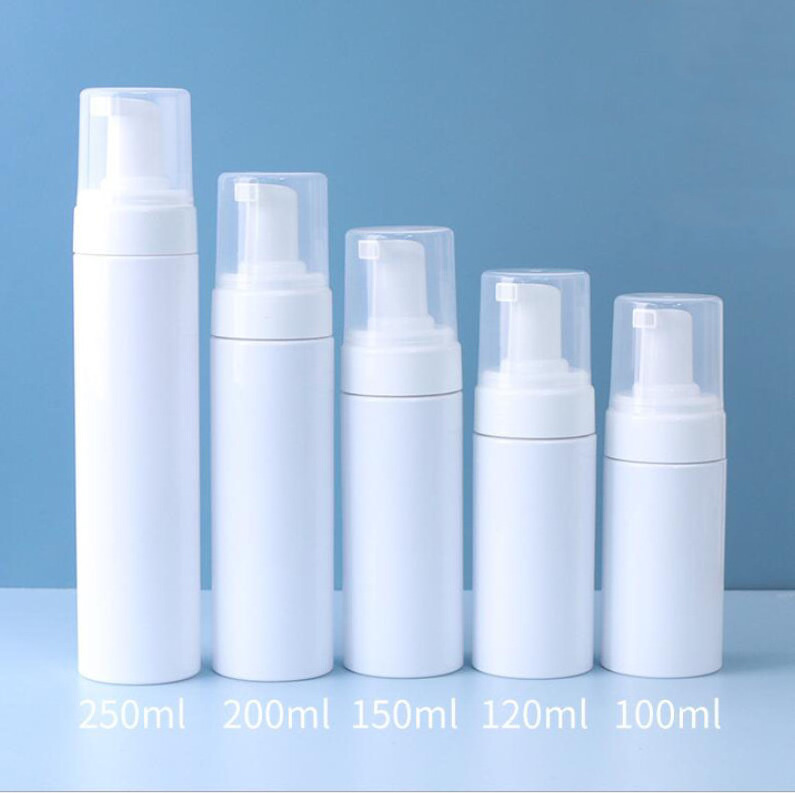 100ml 120ml 150ml 200ml 250ml White PET Mousse Foaming Bottle With clear hood Plastic Foam Tan Mousse Bottle With White Foamer