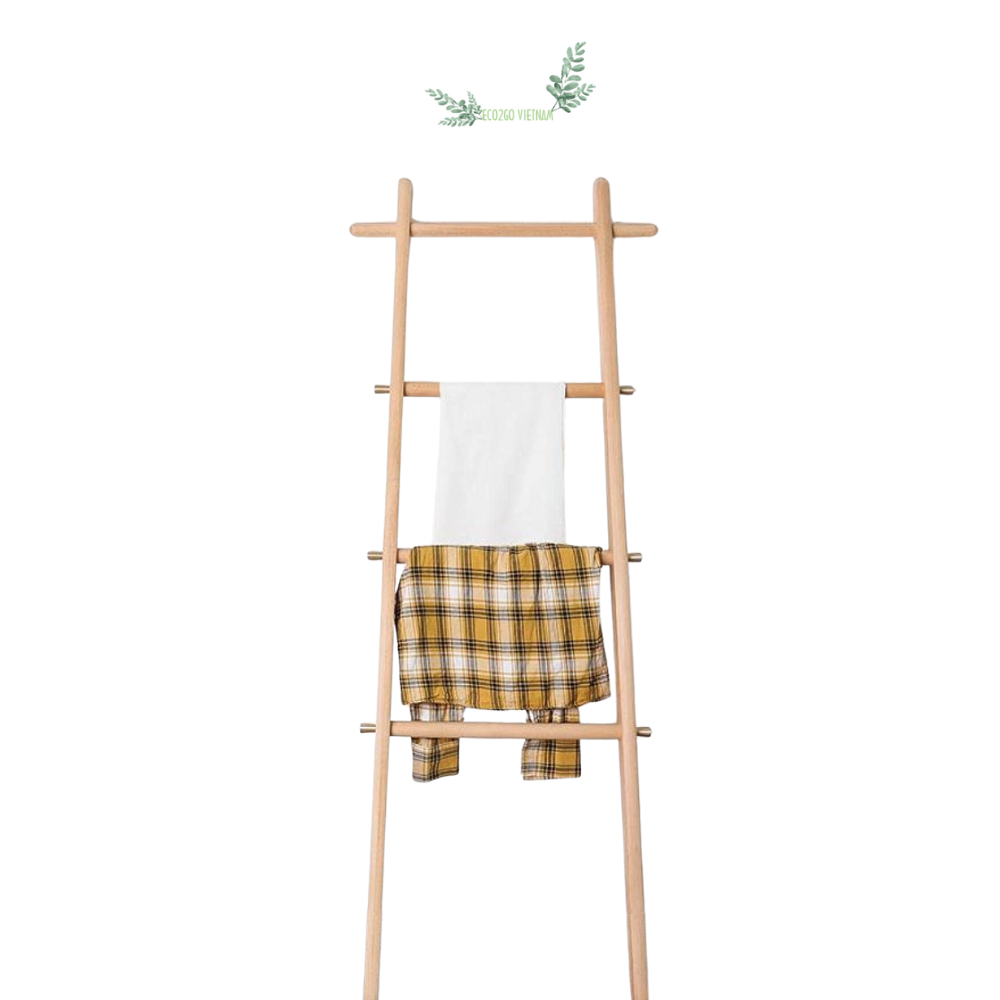 Top Seller Bamboo Towel Ladder, with 4 Rails and 6 Side Hooks, Waterproof Solid Wood Towel Rack, Wooden Ladder, Natural Bamboo