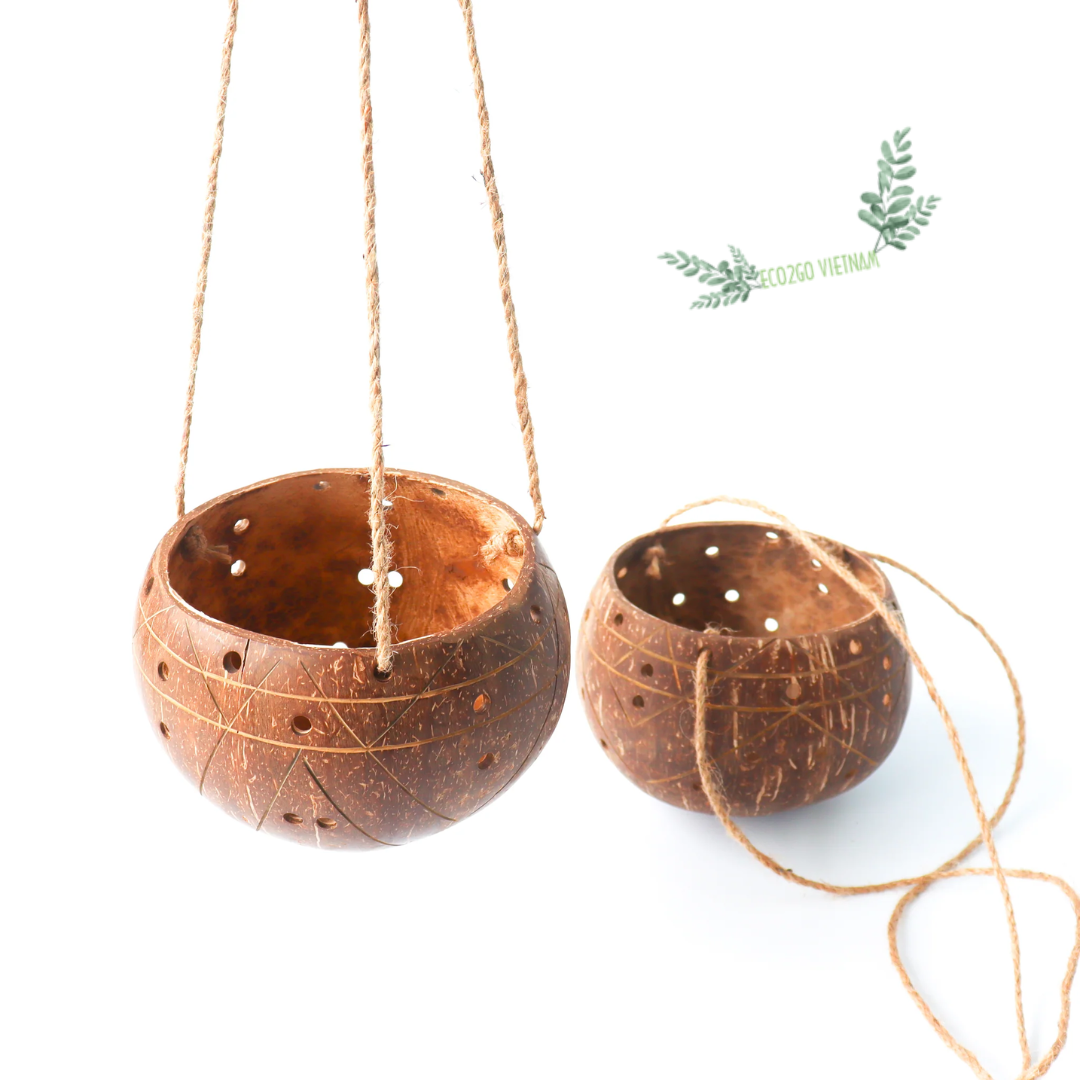 Sustainable Handmade Hanging Coconut Shell Plant Pot/ Coconut Shell Plant Holder/ Coconut Shell Flower Pot in Vietnam