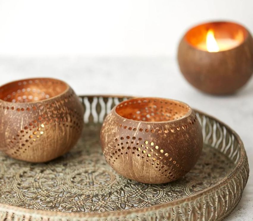 100% Handicraft Coconut Shell Tea Light Holder/ Coconut Shell Candle Holder With Engraving Laser Logo Made by Eco2go Vietnam