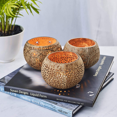 100% Handicraft and Natural Coconut Shell Tea Light Holder/ Coconut Shell Candle Holder With Engrave Laser Logo Made in Vietnam