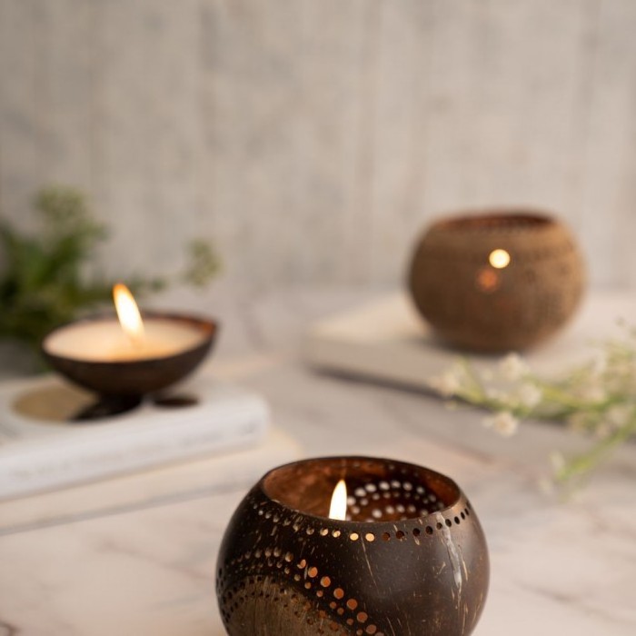 100% Handicraft Coconut Shell Tea Light Holder/ Coconut Shell Candle Holder With Engraving Laser Logo Made by Eco2go Vietnam