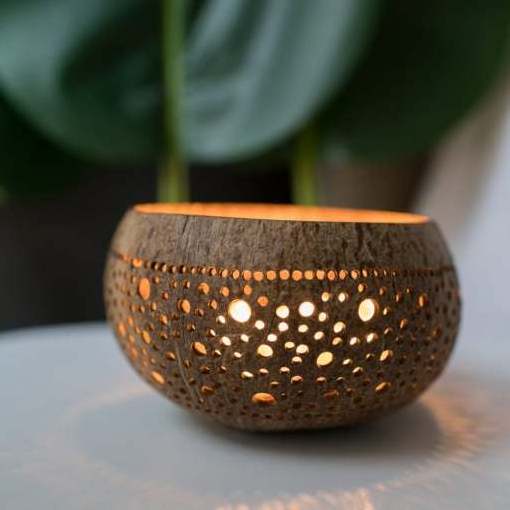 100% Handicraft and Natural Coconut Shell Tea Light Holder/ Coconut Shell Candle Holder With Engrave Laser Logo Made in Vietnam