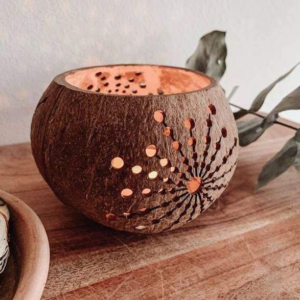 100% Handicraft Coconut Shell Tea Light Holder/ Coconut Shell Candle Holder With Engraving Laser Logo Made by Eco2go Vietnam