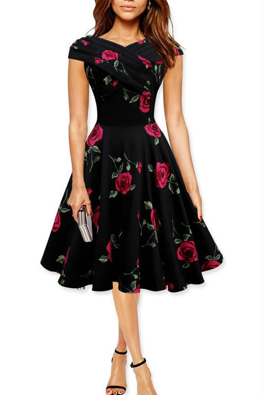 ECOACH A line black dress with rose print on short sleeve sweatheart neckline full circle swing casual party dress for elegant women