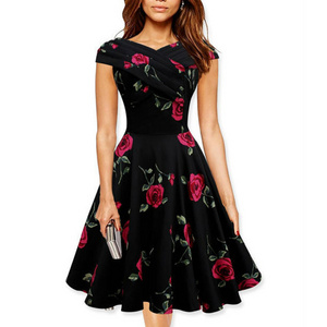 ECOACH A line black dress with rose print on short sleeve sweatheart neckline full circle swing casual party dress for elegant women