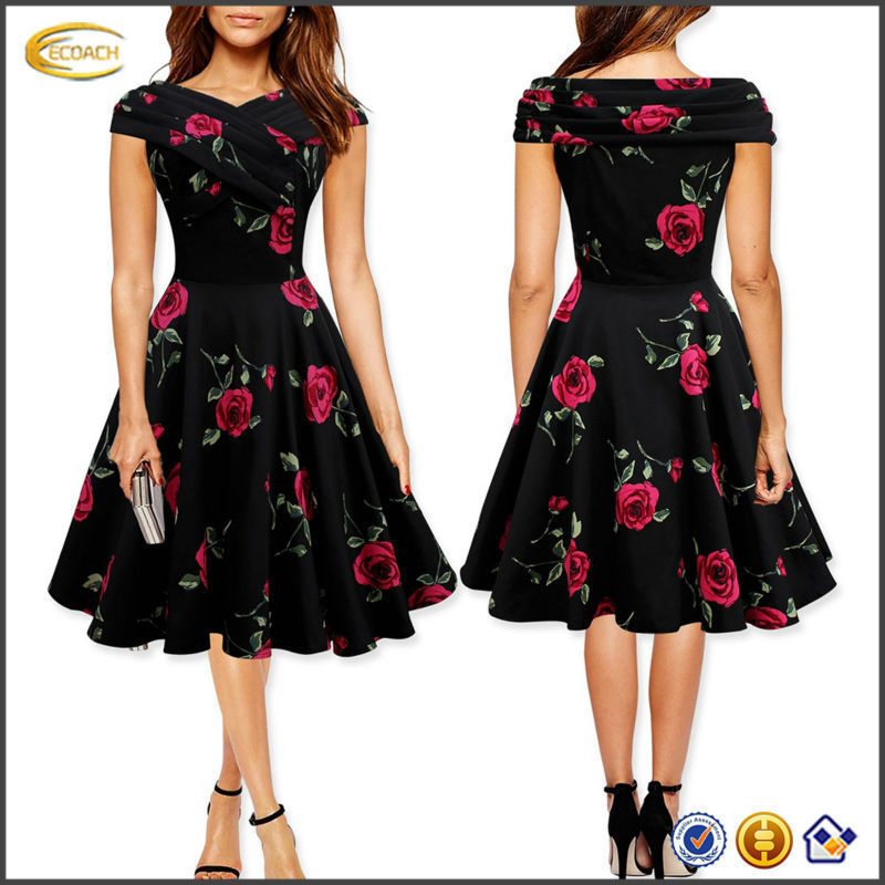 ECOACH A line black dress with rose print on short sleeve sweatheart neckline full circle swing casual party dress for elegant women