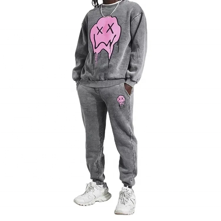 Custom Logo acid wash Hoodie Set screen printing joggers and pullover set blank tracksuits  custom tracksuits for man