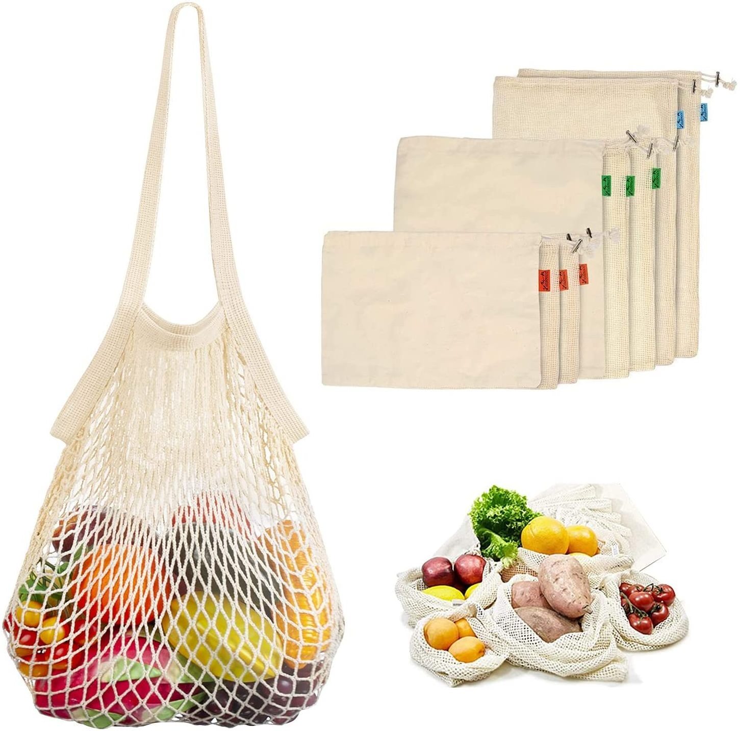 Net Mesh Reusable Produce Bags 2020 Zero Waste Recycled Sustainable Eco Friendly Organic Cotton Screen Printing Drawstring