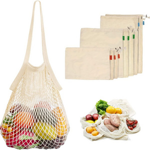 Net Mesh Reusable Produce Bags 2020 Zero Waste Recycled Sustainable Eco Friendly Organic Cotton Screen Printing Drawstring