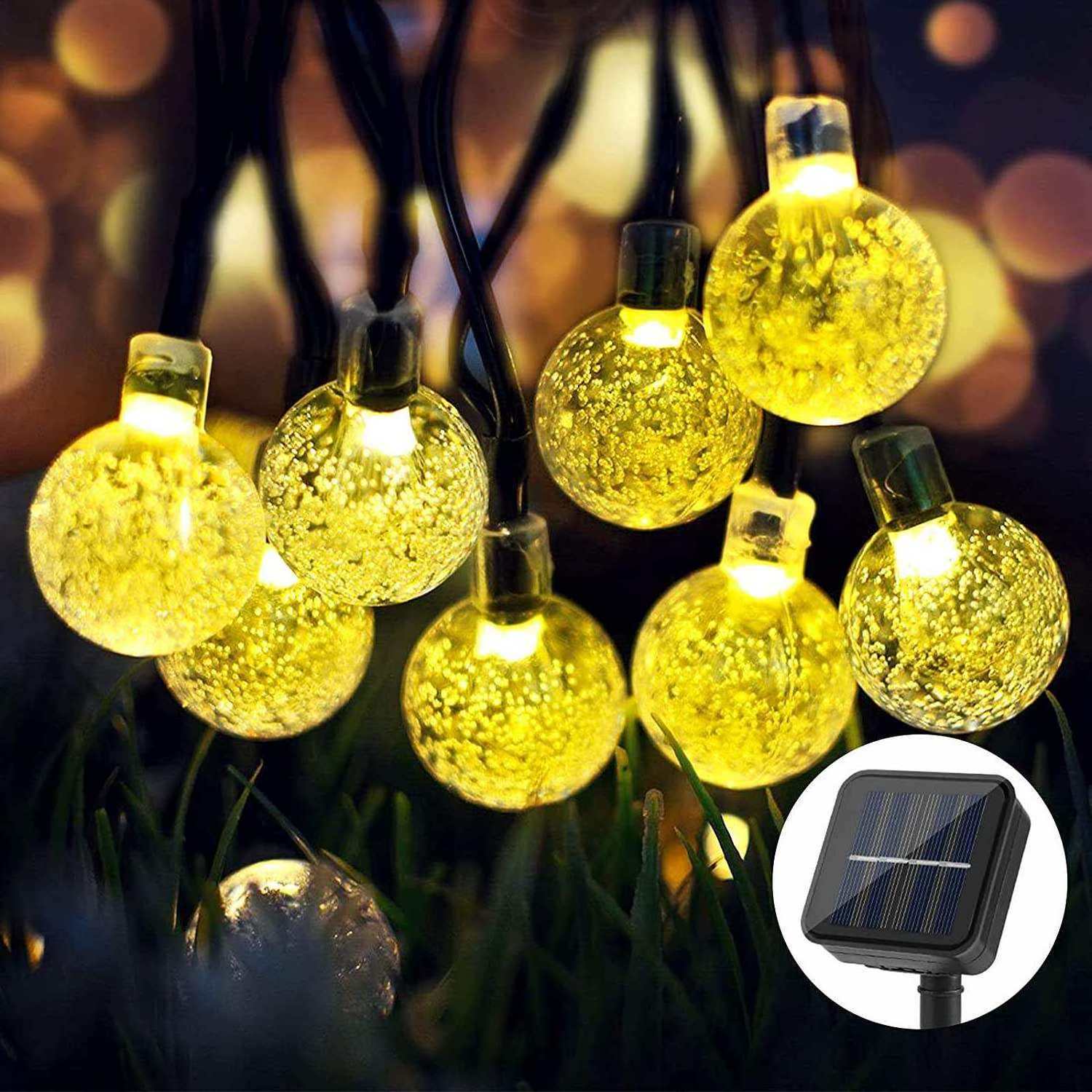 Solar String Outdoor 60 Led 35.6 Feet Crystal Globe 8 Lighting Modes Waterproof Solar Powered Patio Lights