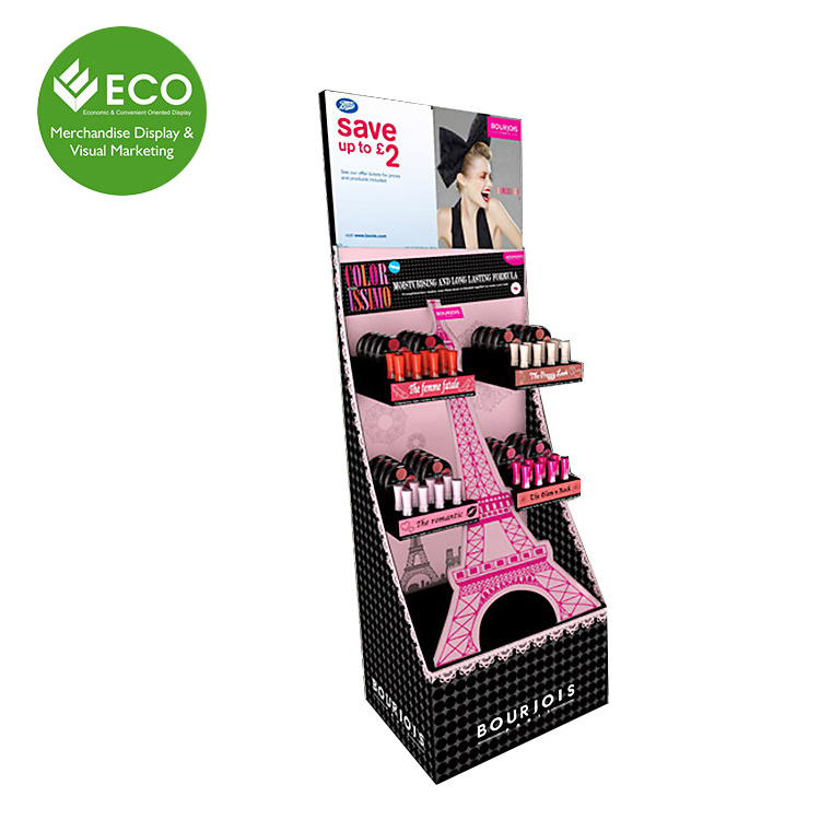 Custom Versatile Logo Pattern Cardboard Eyelash Mac Cosmetic Floor Display Stand For Cosmetics