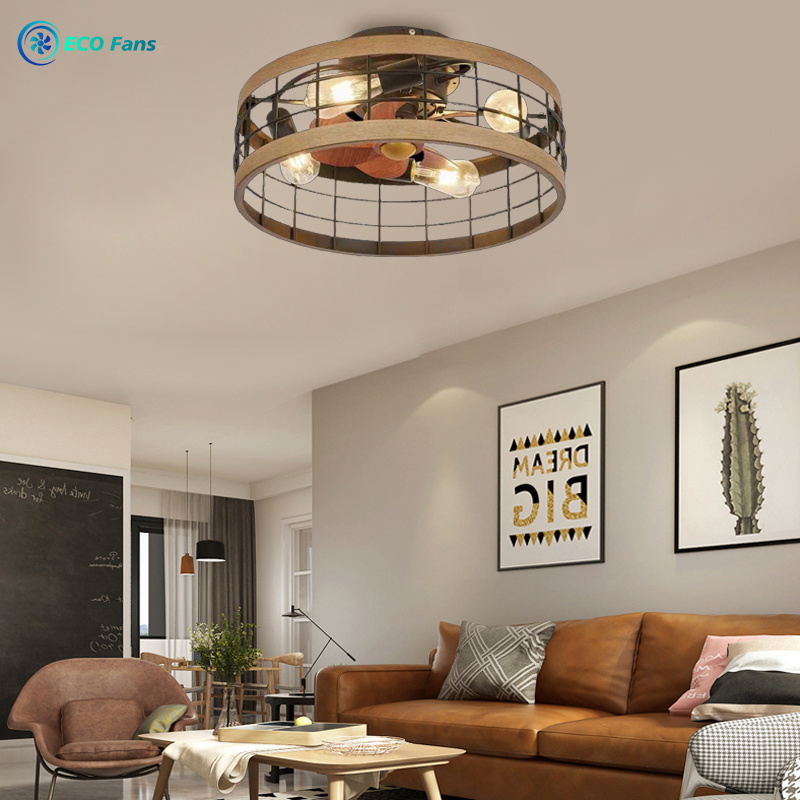 ECO 19 -inch retro embedded cage suspension fan lamp, low -key hanging fan of the farmhouse rural, 4 light bulbs