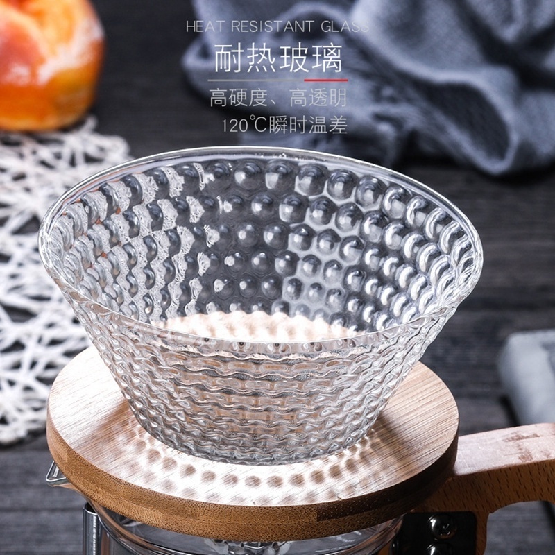 GV11 Wholesale Reusable Pour Over Coffee Filter 2-4Cups Glass Coffee Dripper Bamboo Coffee Strainer