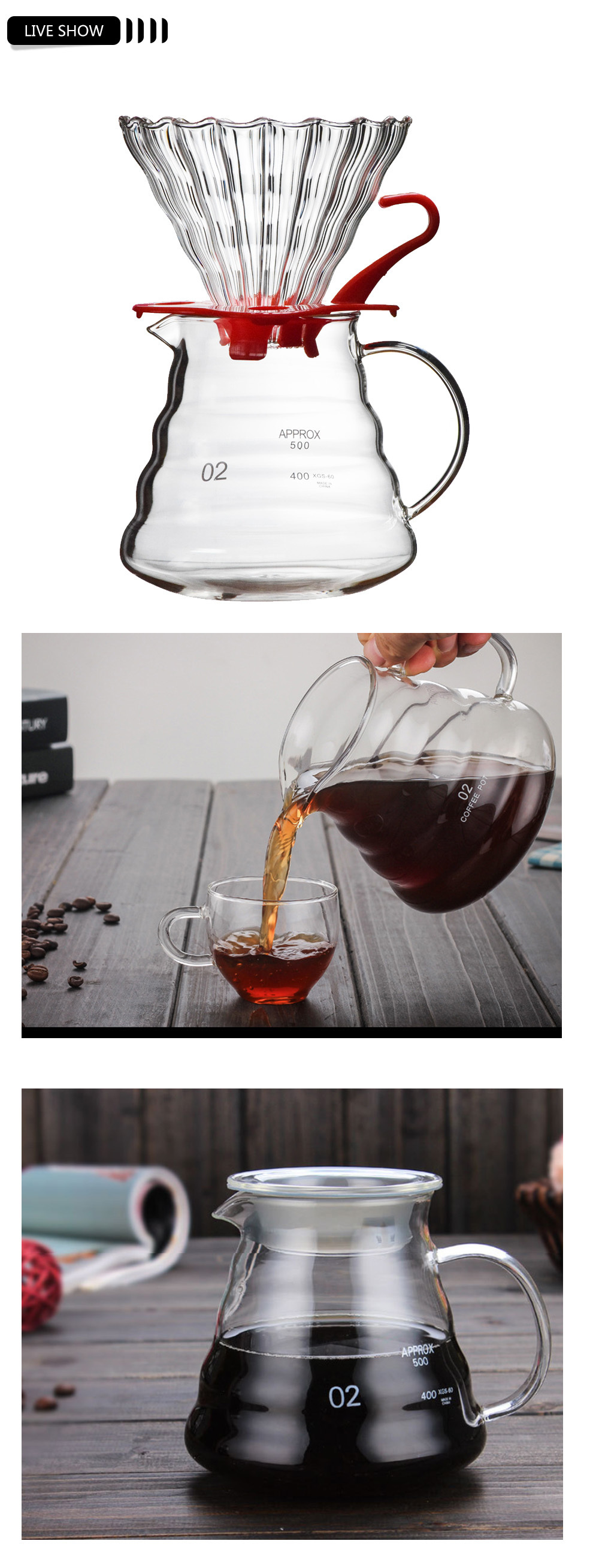 Wholesale Clear cloud Range Coffee Server Standard Glass Coffee Carafe 360ml/ 580ml/ 780ml Japanese style Coffee tea Pot