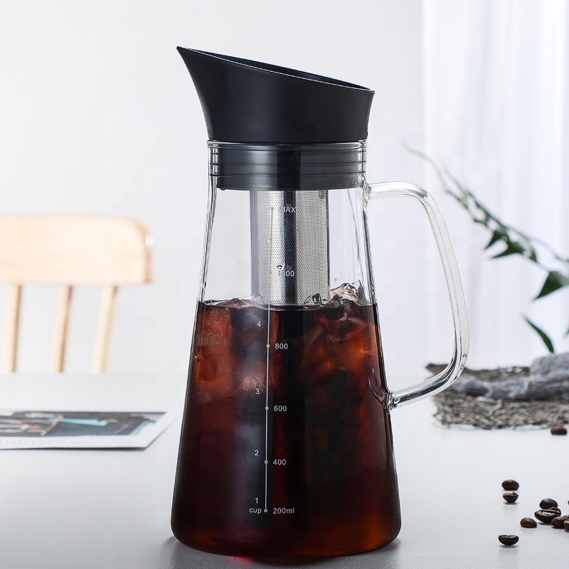 Airtight Cold Brew Iced Coffee Maker Tea Infuser with Spout 34oz Brewing Glass Carafe with Removable Stainless Steel Filter