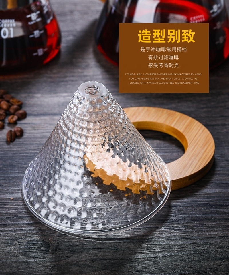 GV11 Wholesale Reusable Pour Over Coffee Filter 2-4Cups Glass Coffee Dripper Bamboo Coffee Strainer