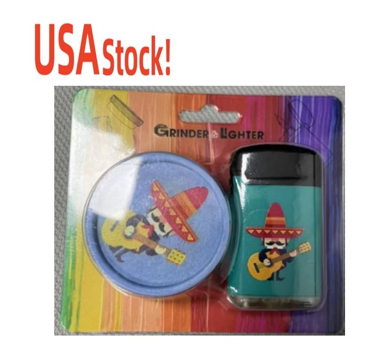 USA stock!!! Portable lighter 2 layers plastic custom logo herb grinder set with smoke unique torch lighter