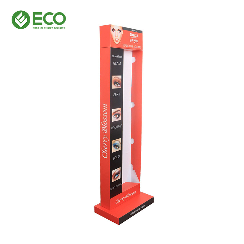 Eco Custom Products Cardboard Floor Cosmetic Market Display Stand Cardboard Eyelash Lipstick Counter Display Stand