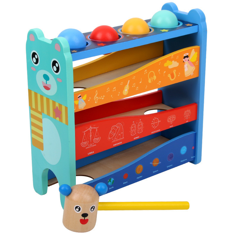 Montessori Toys Pounding Ball Drop Toy Cartoon Shape Wooden Four Track Hammer Toy For Toddlers