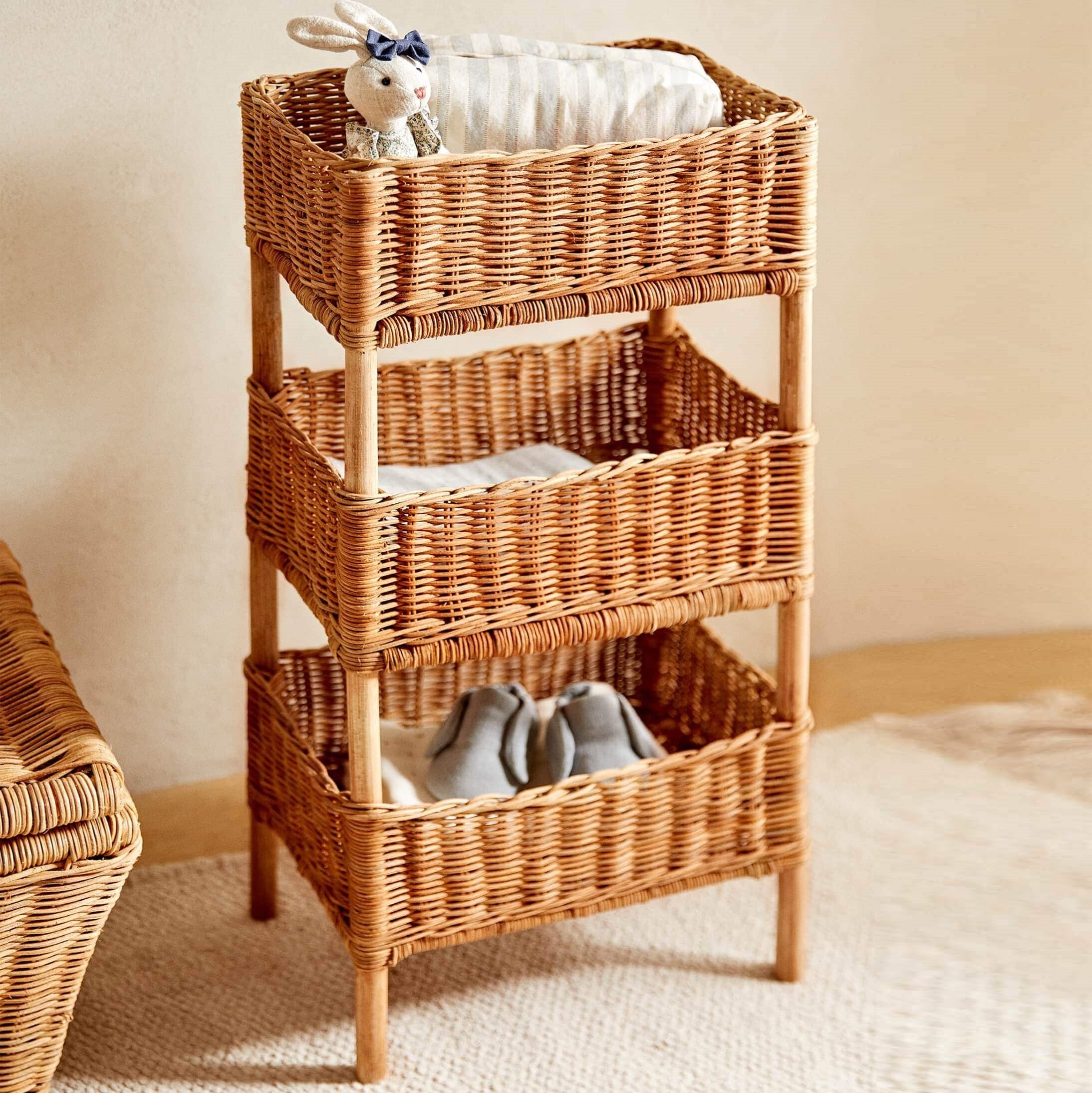 Natural rattan storage laundry basket 3 tier standing shelf baskets for home and kitchen decoration made in Vietnam