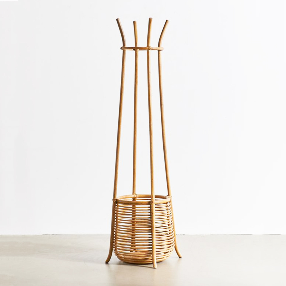 Multifunctional rattan coats hang racks entryway wooden coat rack hanger stand with storage basket for kids and adults