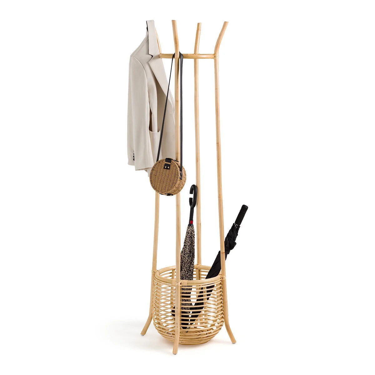 Multifunctional rattan coats hang racks entryway wooden coat rack hanger stand with storage basket for kids and adults