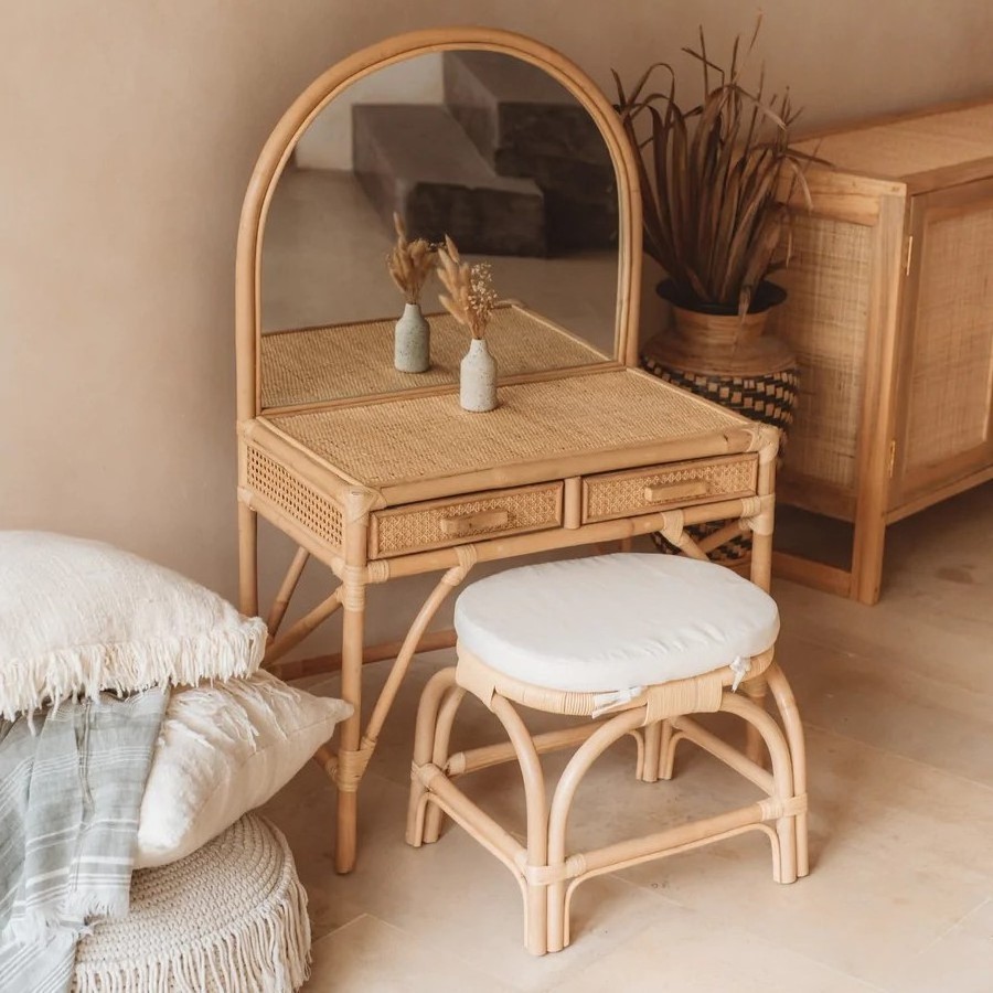 Home furniture vanity set rattan dressing table mirrored makeup tables dresser with chair wholesale