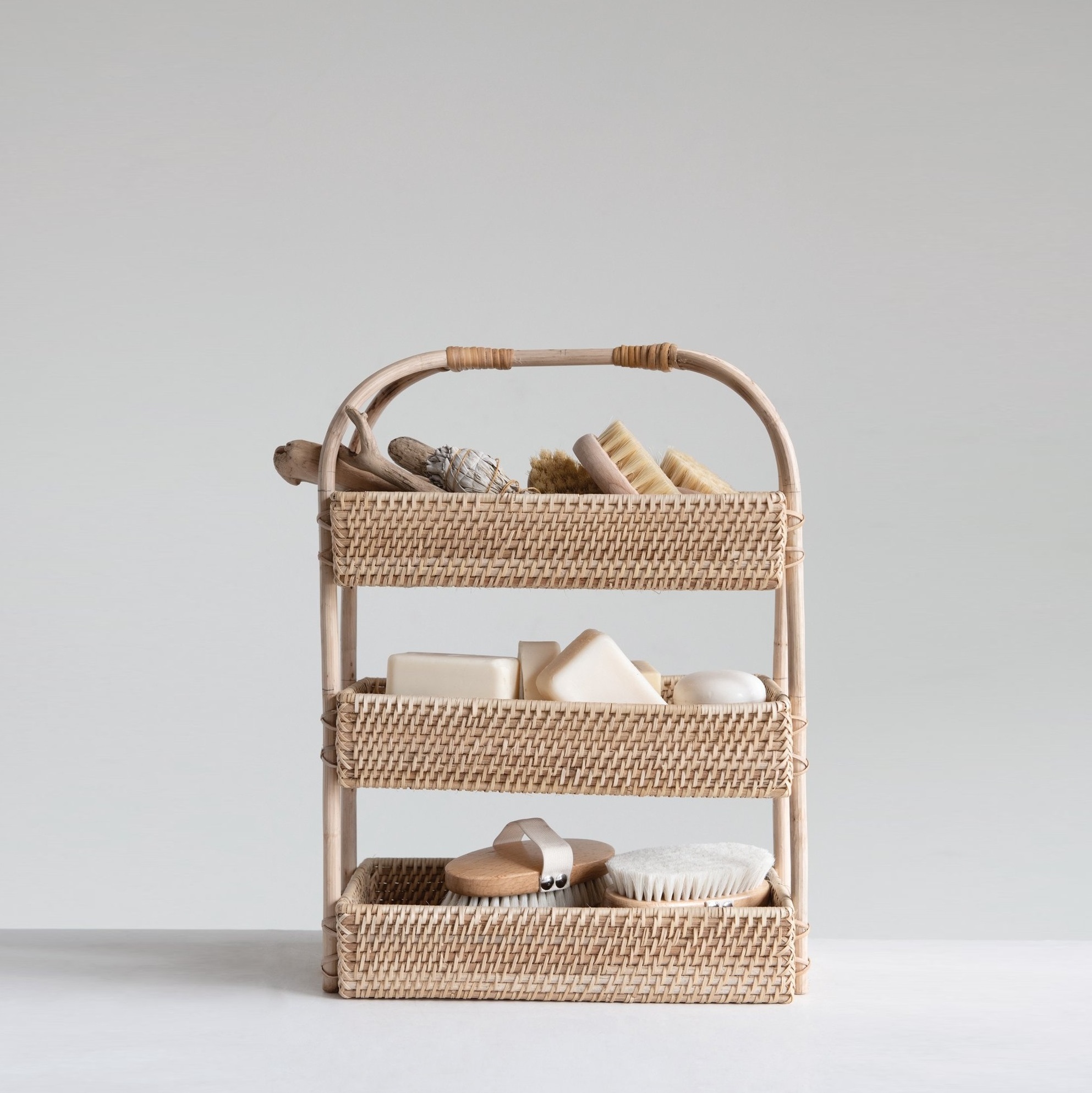 Natural rattan storage laundry basket 3 tier standing shelf baskets for home and kitchen decoration made in Vietnam