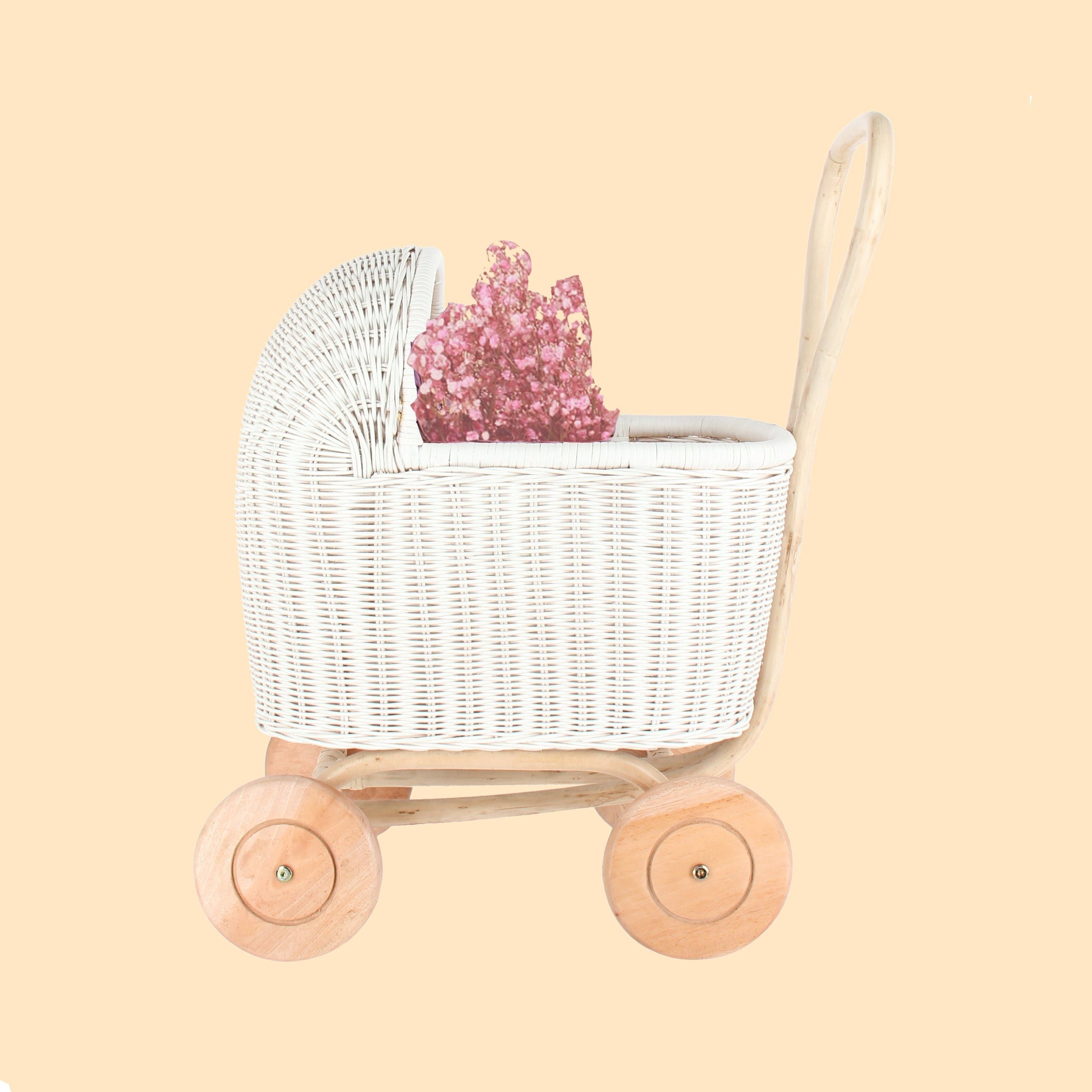 Best selling children pretend toys rattan kids doll pram with wheels small carriage stroller for dolls