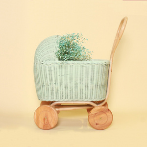 Best selling children pretend toys rattan kids doll pram with wheels small carriage stroller for dolls